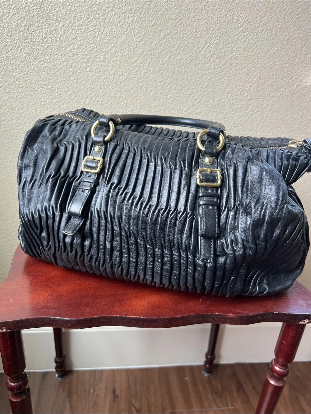 Coach Black Ruched Leather Satchel with Gold Hardware